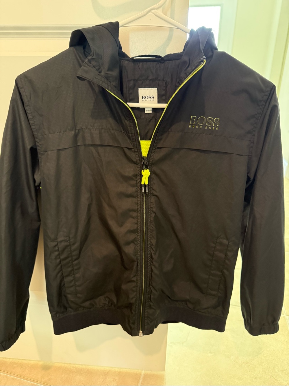 Hugo Boss Kids Black Hooded Rain Jacket with Neon Yellow Trim